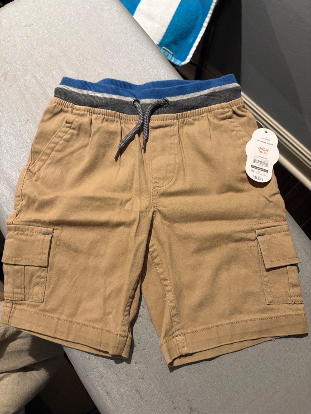 wonder nation Tan Cargo Drawstring Shorts with Blue Waistband